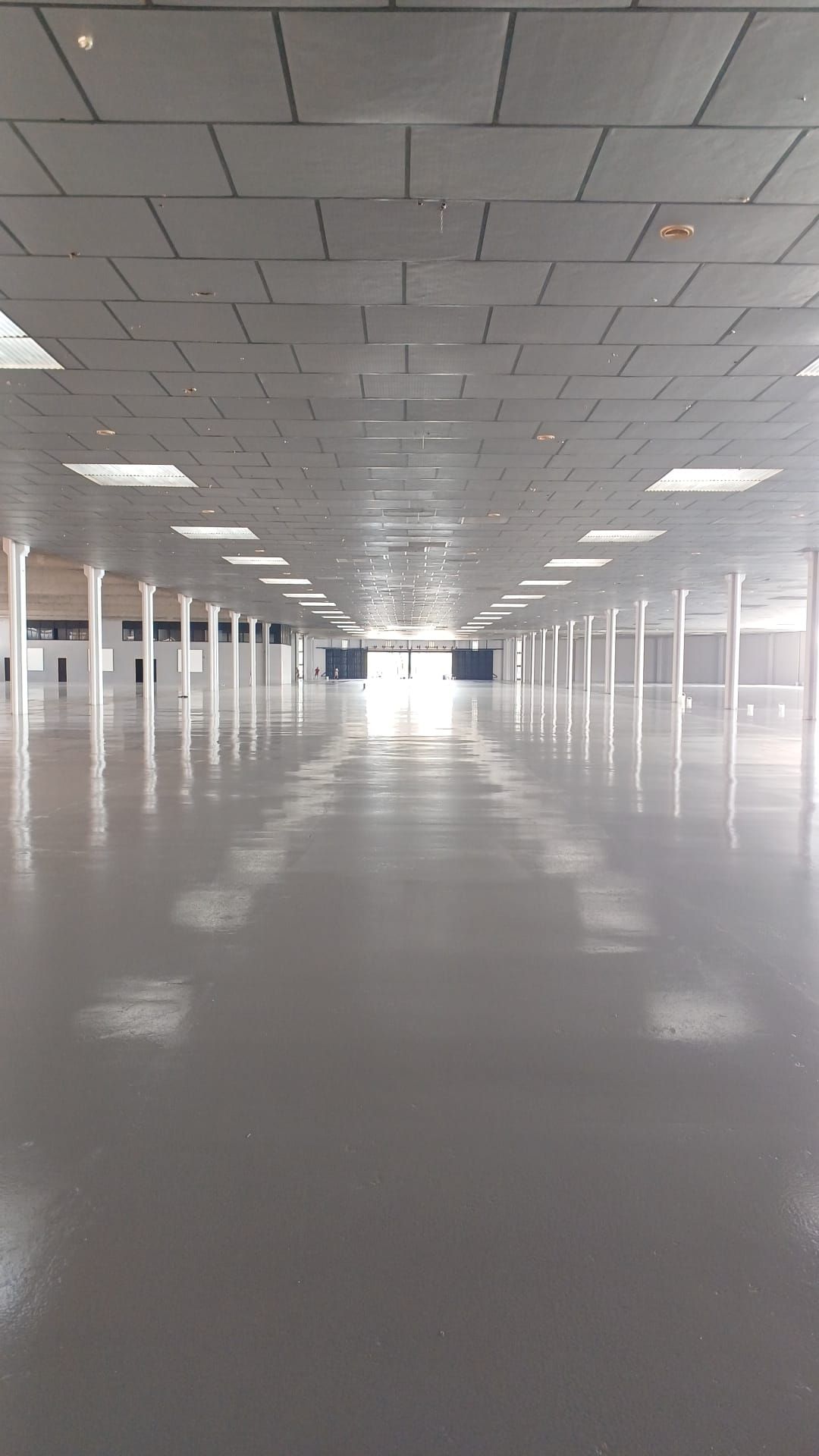 Un interior de almacén grande, vacío y con suelo gris, con vigas de soporte blancas y luces empotradas en el techo.