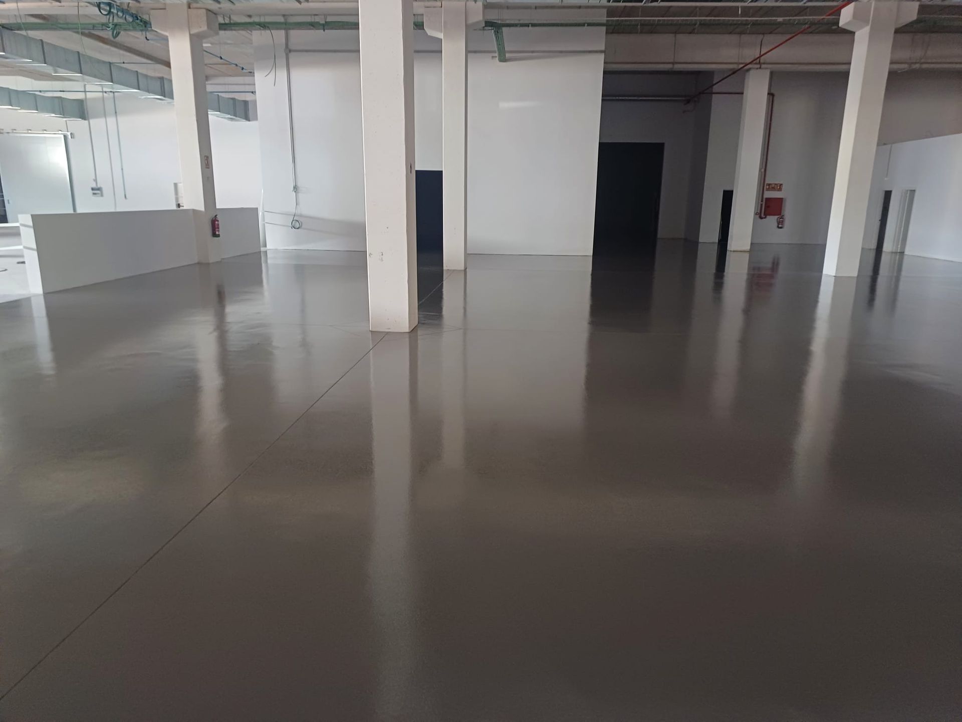 Espacio industrial vacío con piso gris brillante, columnas y paredes blancas; iluminación cenital.