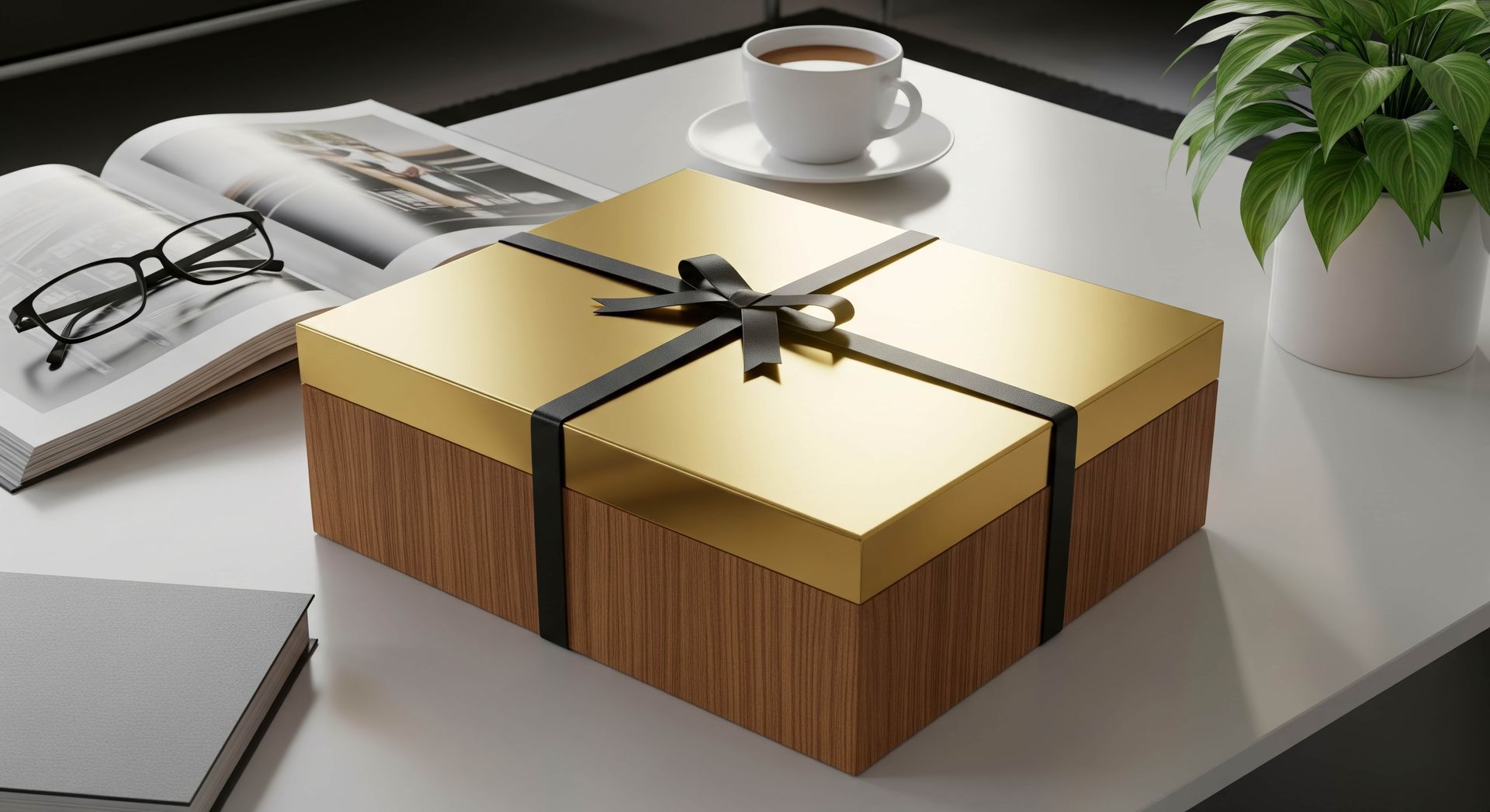 Coffret cadeau en or et en bois avec un ruban noir posé sur un bureau blanc, avec du café et des lunettes de lecture.