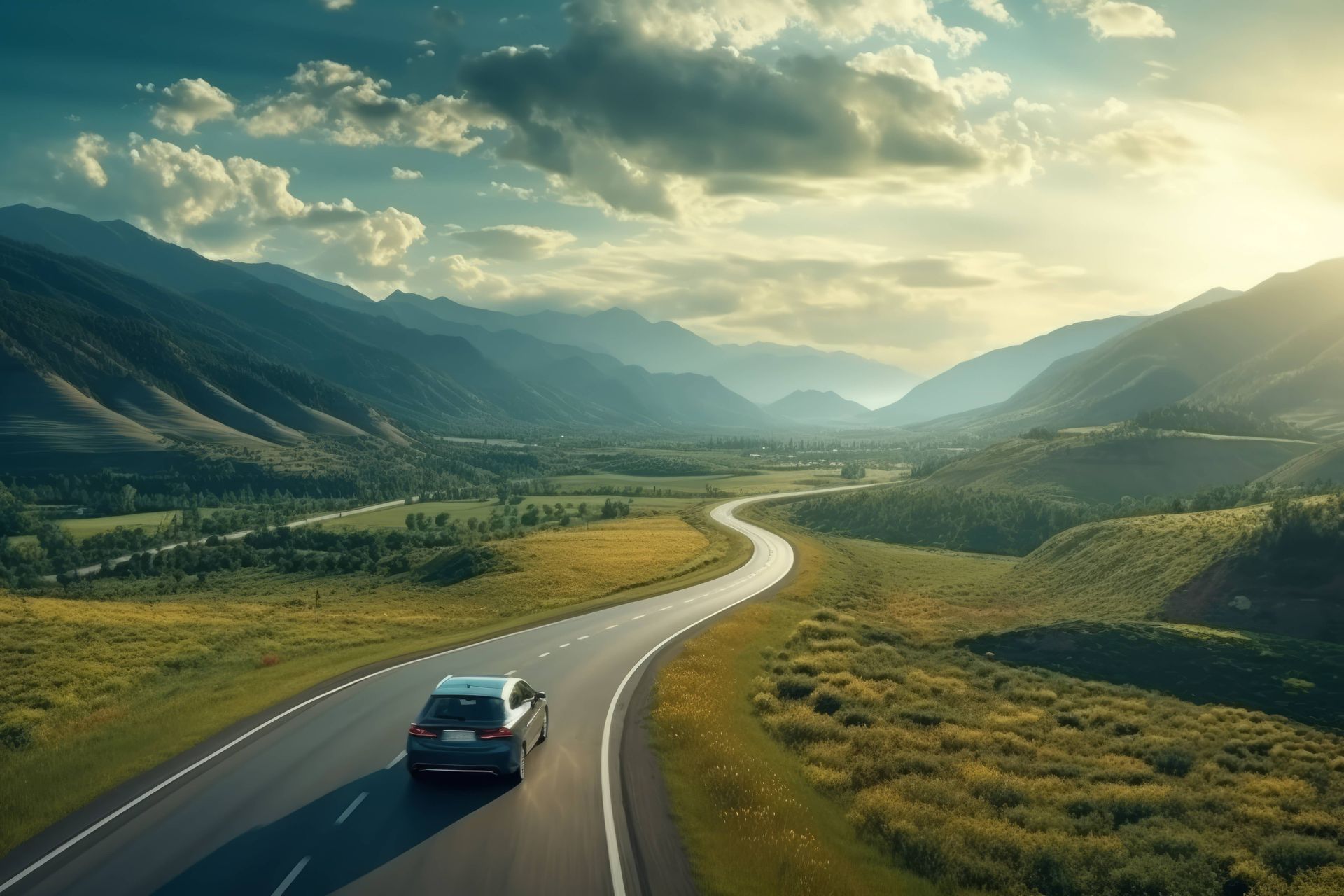 Voiture roulant sur une route sinueuse à travers une vallée, entourée de montagnes et de champs verdoyants sous un ciel partiellement nuageux.