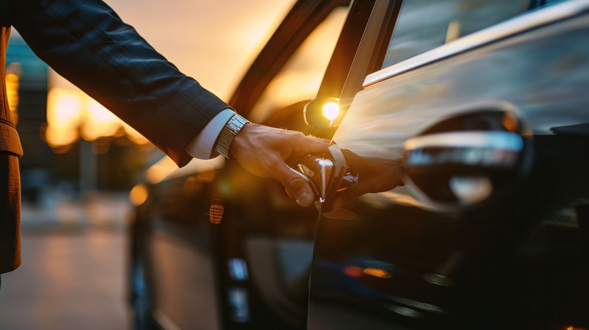 Un homme en costume ouvre la portière d'une voiture. Lumière dorée en arrière-plan.