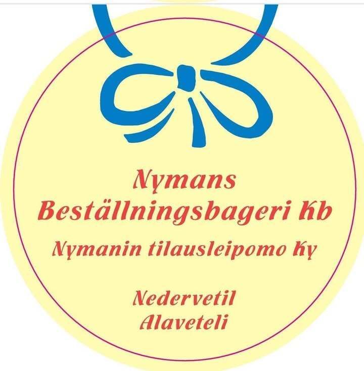 Logotyp för Nymans Beställningsbageri, med blått bandikon på en ljusgul rund bakgrund och röd text