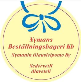 Keltainen pyöreä logo sinisellä nauhalla ja punaisella tekstillä: Nymans Beställningsbageri kb