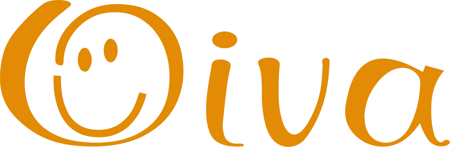 Orange handritad logotyp med texten ”Oiva” och ett leende ansikte inuti den första bokstaven.