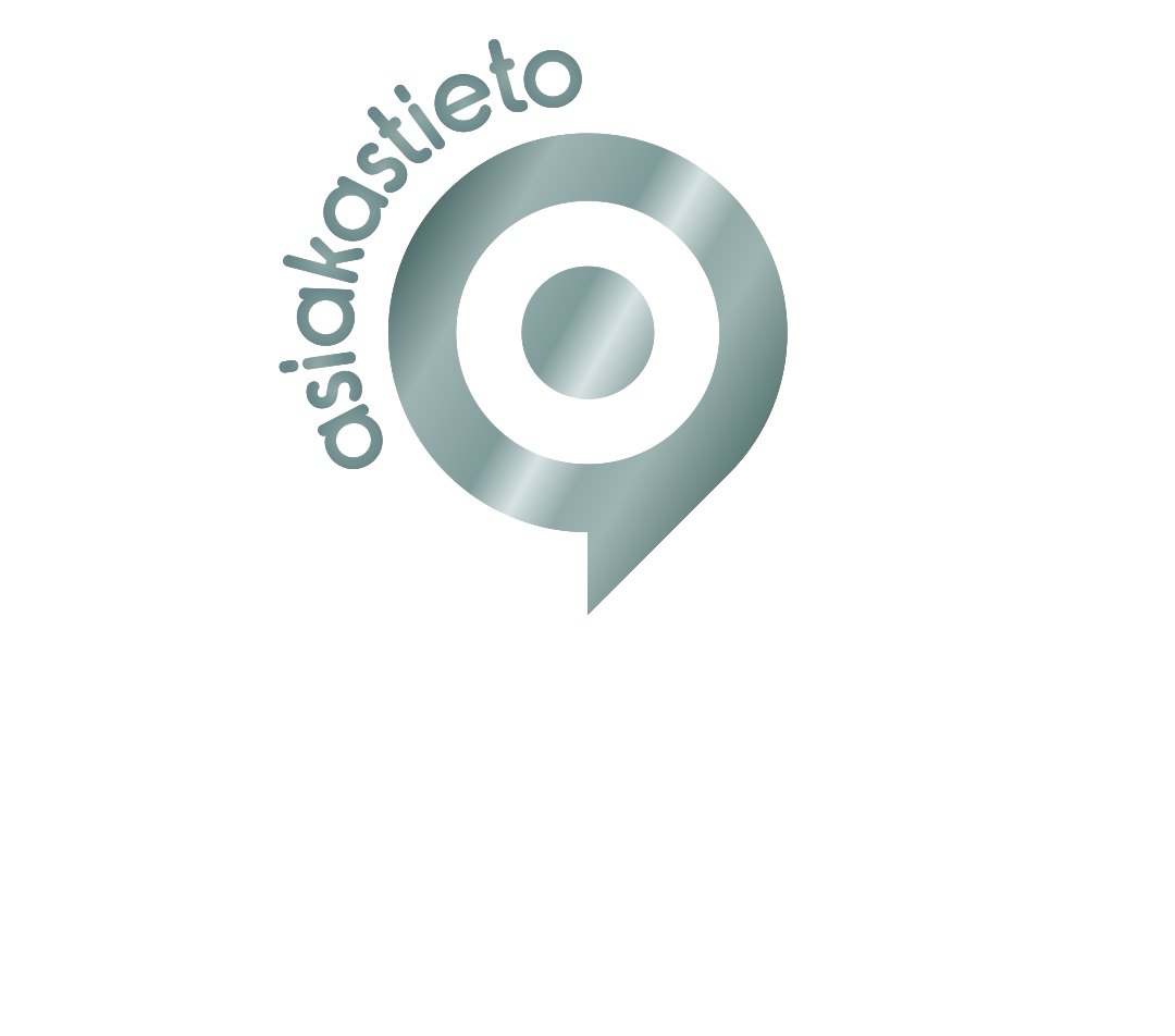 Harmaa, sinivihreä sijaintimerkin logo, jossa on pyöreä keskusta ja kaareva ”osakastieto”-teksti