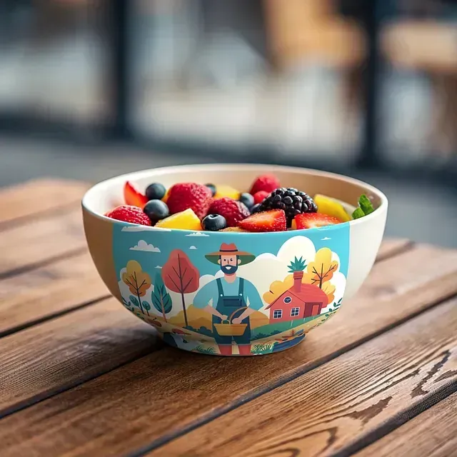 Un bol de fruta está sobre una mesa de madera.