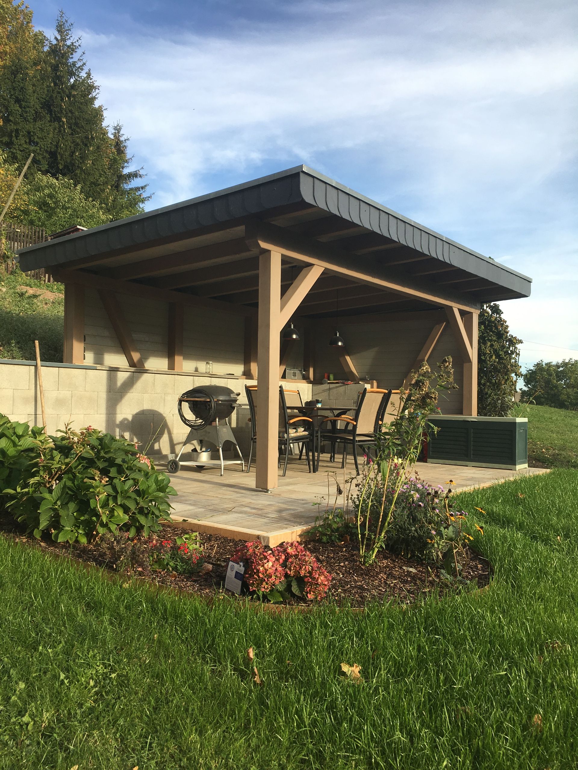 Holzterrasse im Garten mit Sitzmöbeln, Sichtschutz und gepflegter Rasenfläche