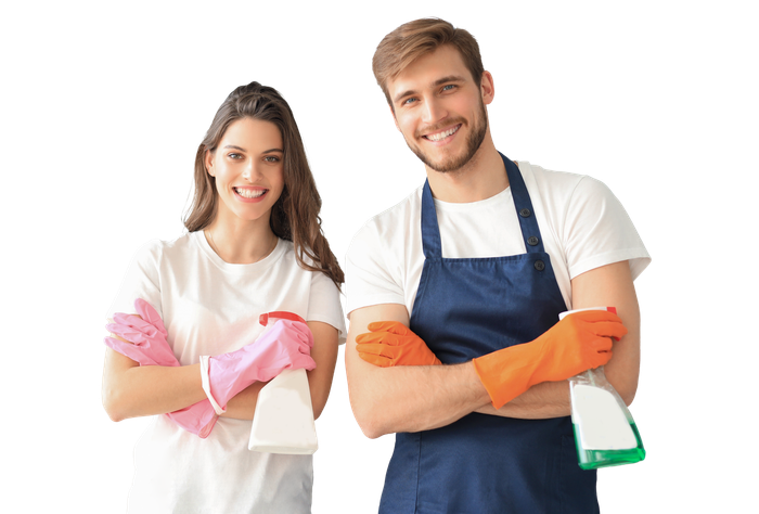 Deux employés de nettoyage industriel souriants.