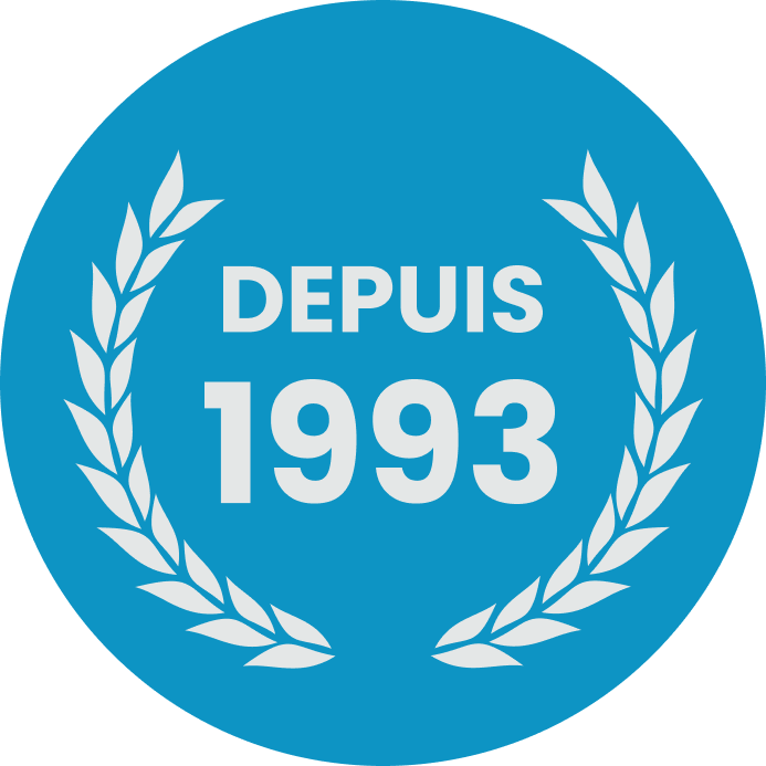 Macaron avec couronne de laurier contenant le texte depuis 1993.