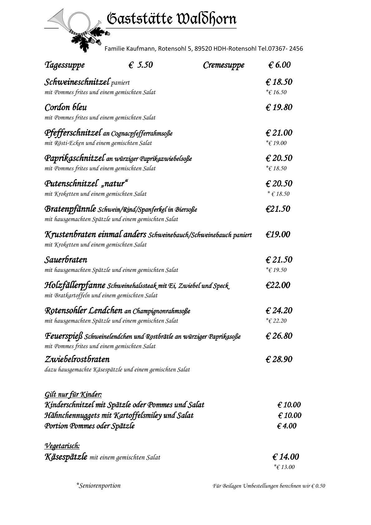 Speisekarte der „Gasstätte Walkhorn“ mit Speisenbezeichnungen und Preisen.