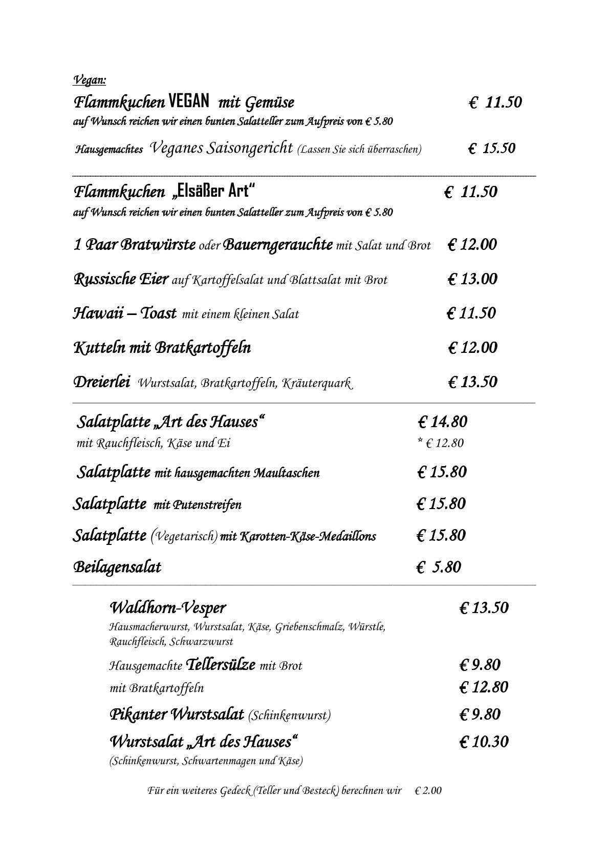 Eine Speisekarte mit deutschen Gerichten und Preisen. Schwarzer Text auf weißem Hintergrund.