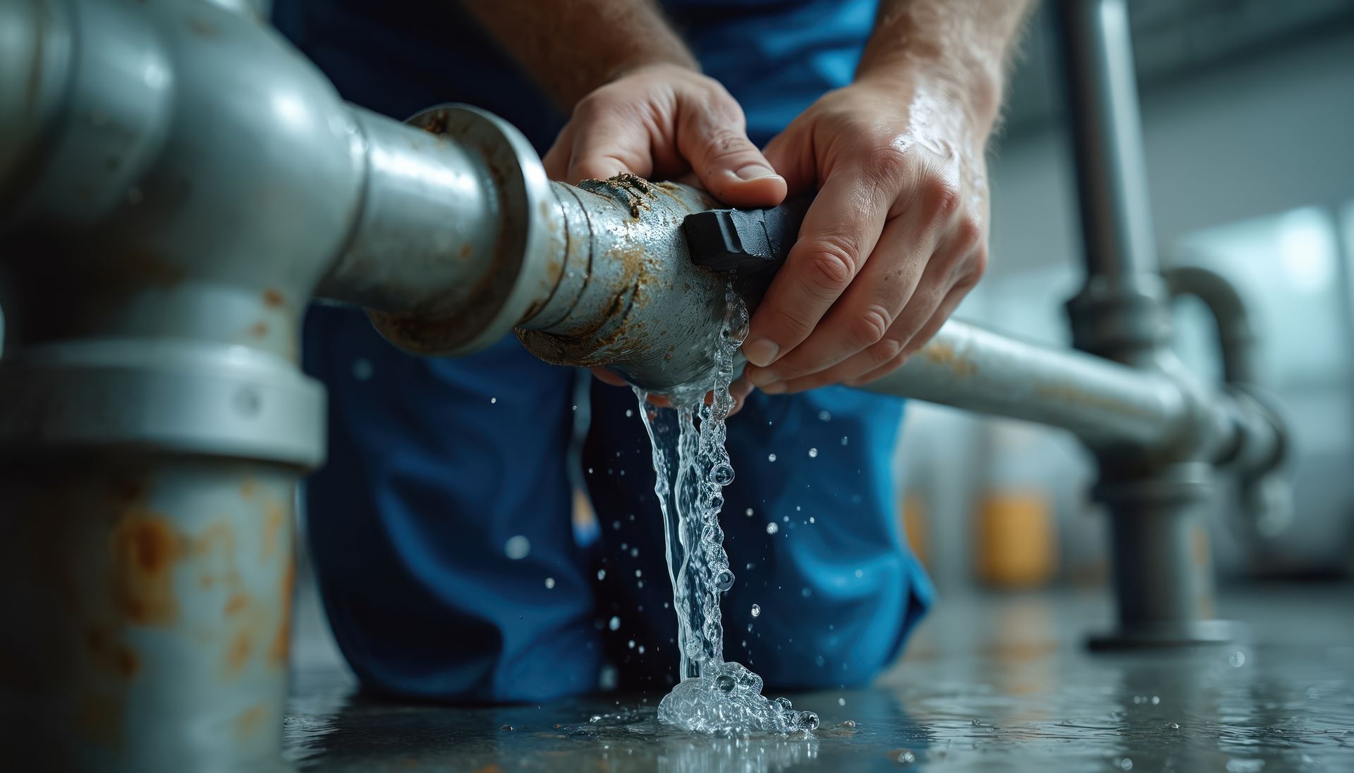 Dans un atelier, un ouvrier vêtu de bleu tient un raccord de tuyau qui fuit tandis que de l'eau gicle.