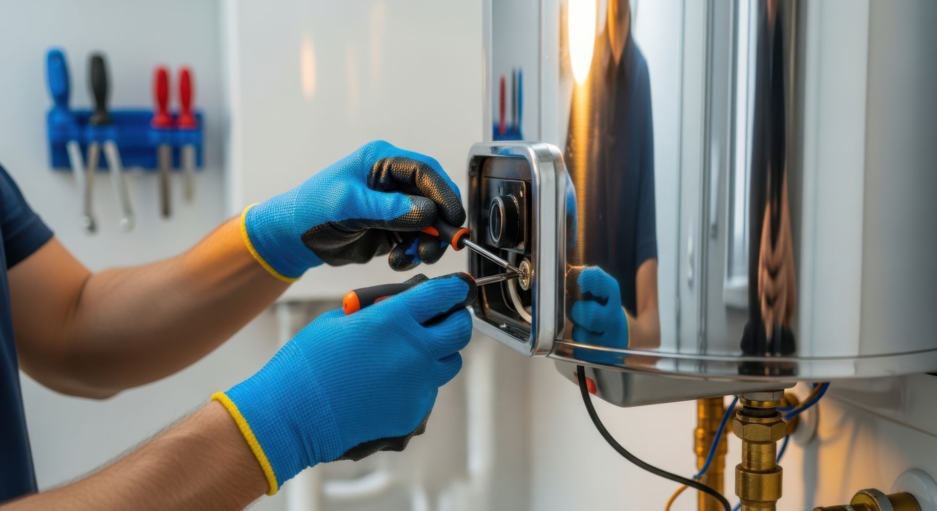 Un technicien portant des gants bleus répare un chauffe-eau à l'aide d'un tournevis, ses outils étant rangés sur le mur derrière lui.