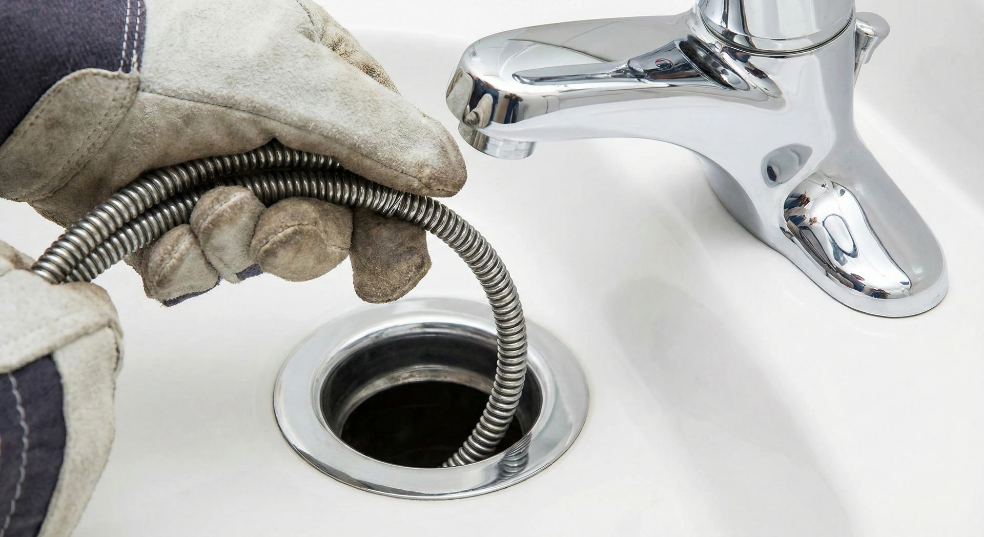Une main gantée utilise un furet pour déboucher un lavabo.