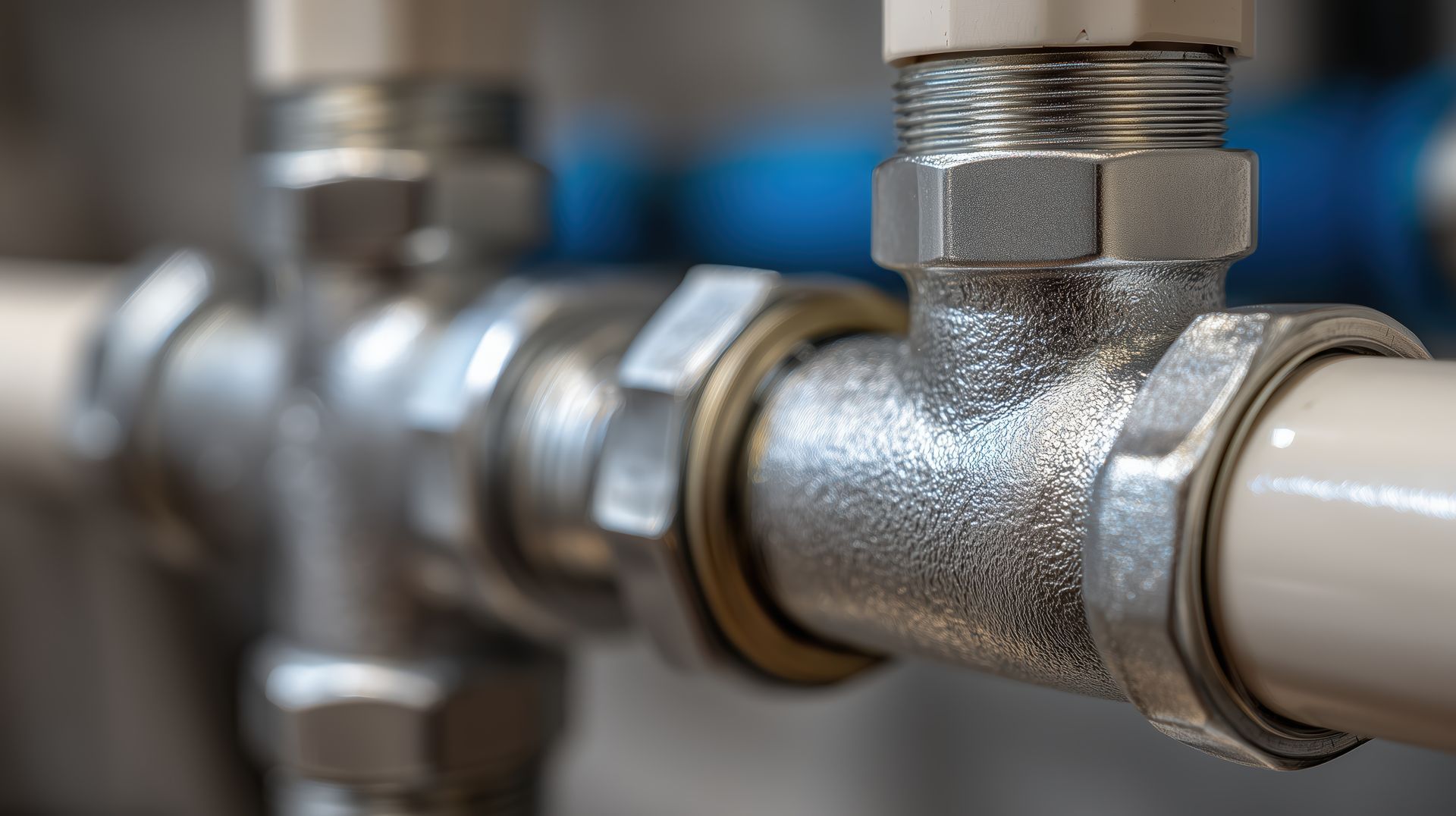Gros plan sur des raccords et des tuyaux de plomberie métalliques connectés entre eux dans un contexte industriel ou résidentiel.