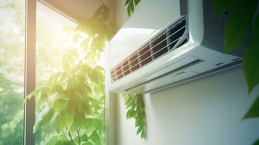 Un climatiseur mural blanc est placé à côté d'une fenêtre où filtre la lumière vive du soleil à travers un feuillage vert luxuriant.