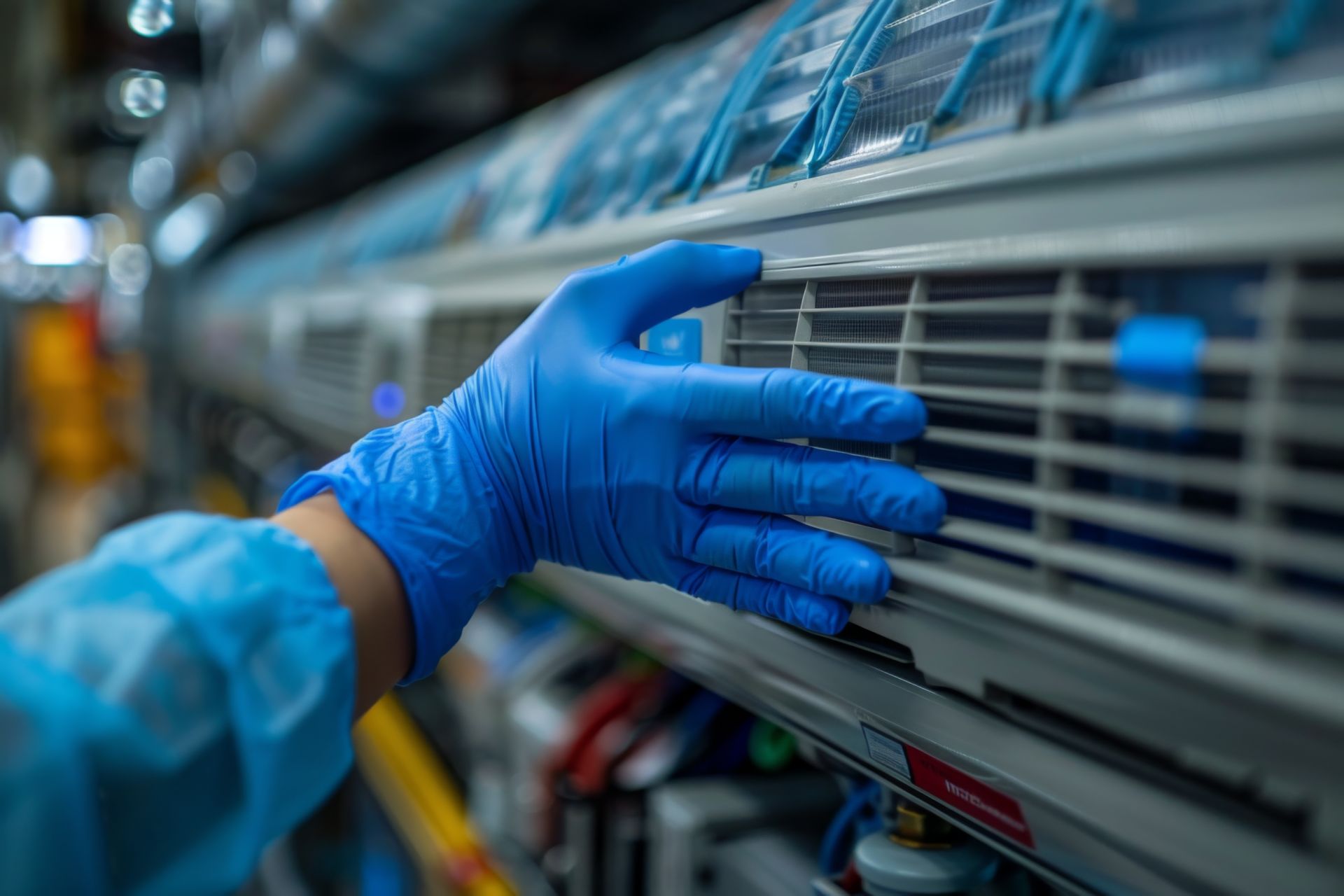 Une main gantée inspecte la grille d'aération d'un climatiseur industriel dans un environnement de fabrication ou de laboratoire.