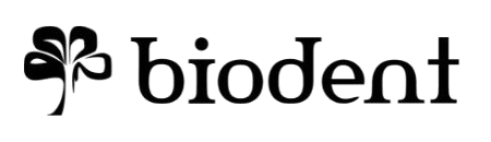Logotipo de Biodent con un icono similar a un trébol negro y texto en minúsculas negras sobre un fondo blanco.