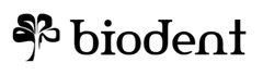 Logotipo de Biodent con un icono similar a un trébol negro y texto en minúsculas negras sobre un fondo blanco.