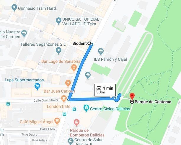 Mapa con indicaciones para ir andando desde Bidi hasta el Parque de Canterac, que muestra una ruta de 1 minuto