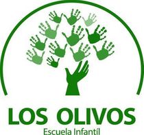 Green tree made of handprints, school logo, "Los Olivos, Escuela Infantil" below.