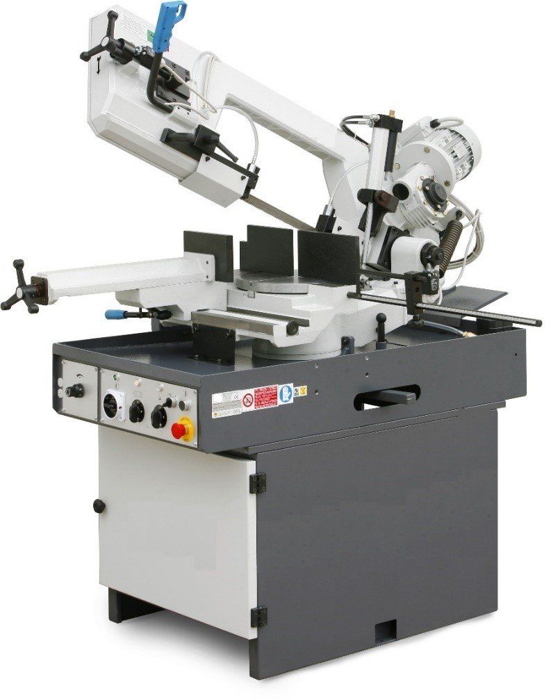 Scie à ruban pour la coupe du métal sur un support gris et blanc