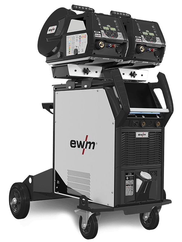 Poste à souder sur un chariot à roulettes avec deux dévidoirs et un panneau de commande.