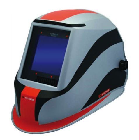 Casque de soudage avec un design gris, rouge et noir.