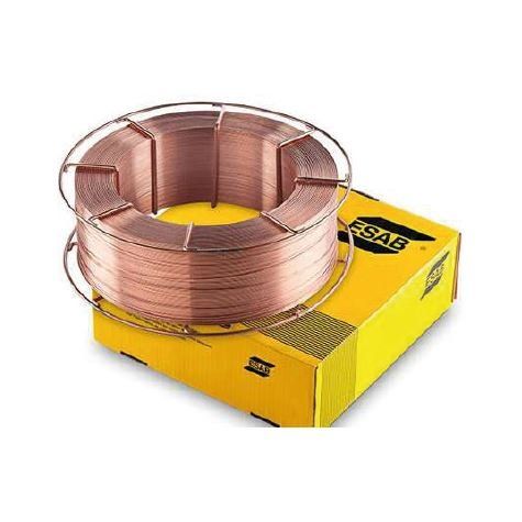 Bobine de fil de soudage en cuivre sur une boîte jaune avec le logo ESAB.