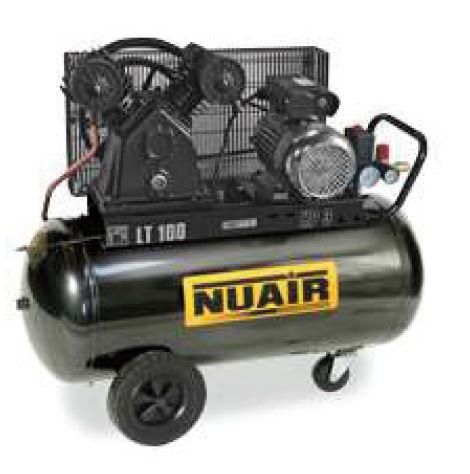 Compresseur d'air noir sur roues, avec le logo Nuair jaune et noir.