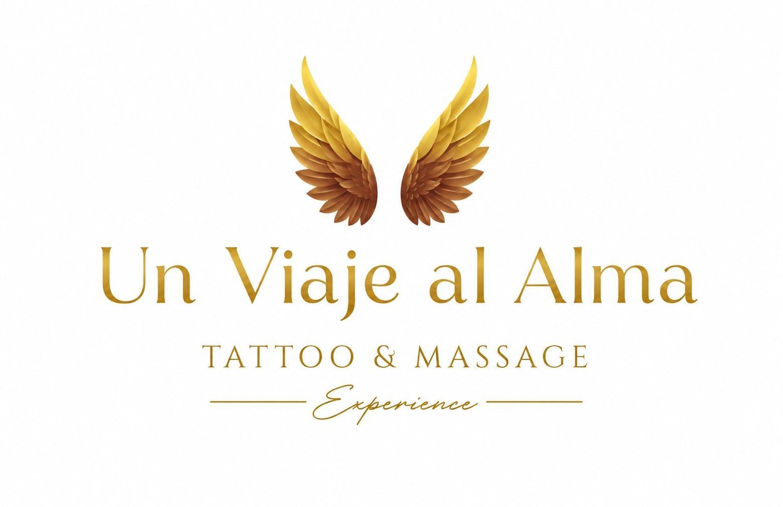 Logotipo de tatuaje y masaje dorado con la inscripci&oacute;n &ldquo;Un Viaje al Alma&rdquo; y alas sobre fondo blanco.