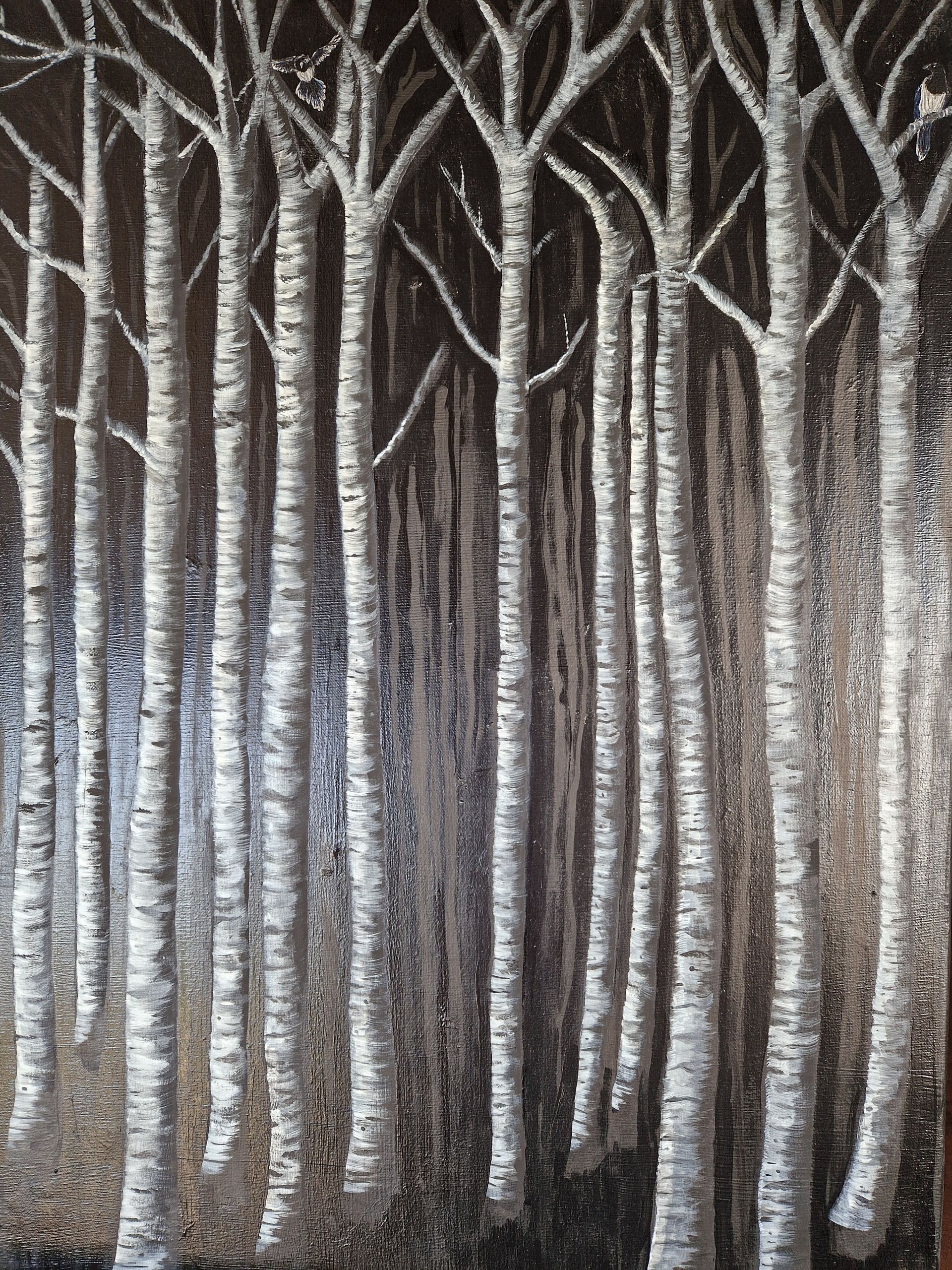 monochromatic painting of a birch forest