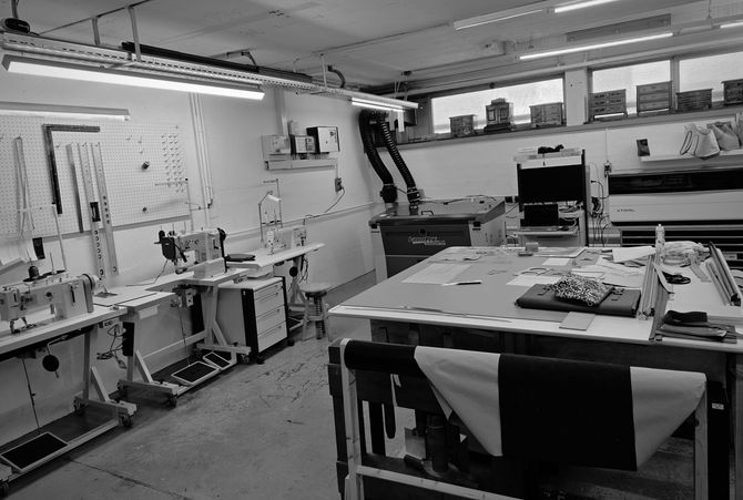 black and white photo of studio