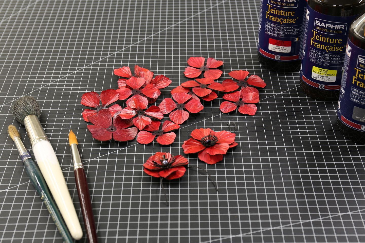 leather poppies being dyed