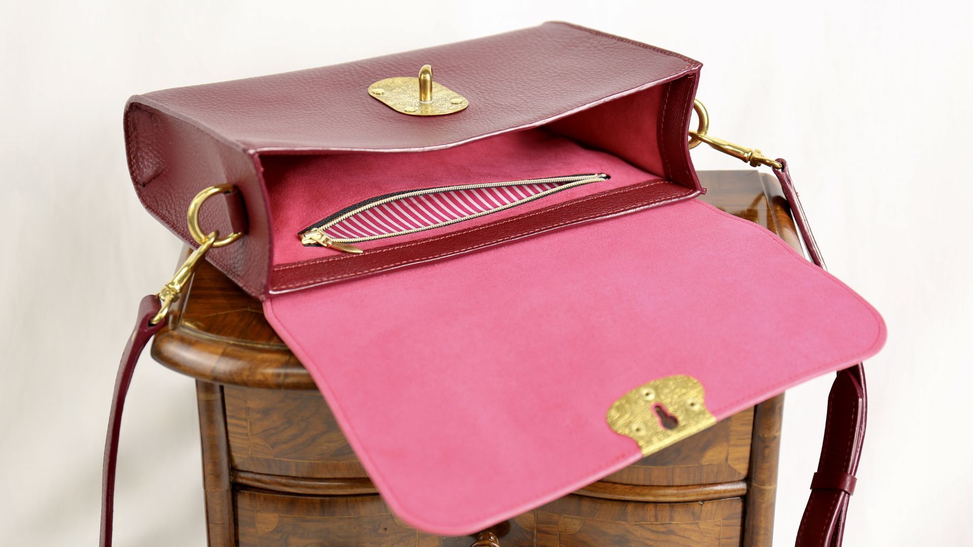 open satchel showing lining and details