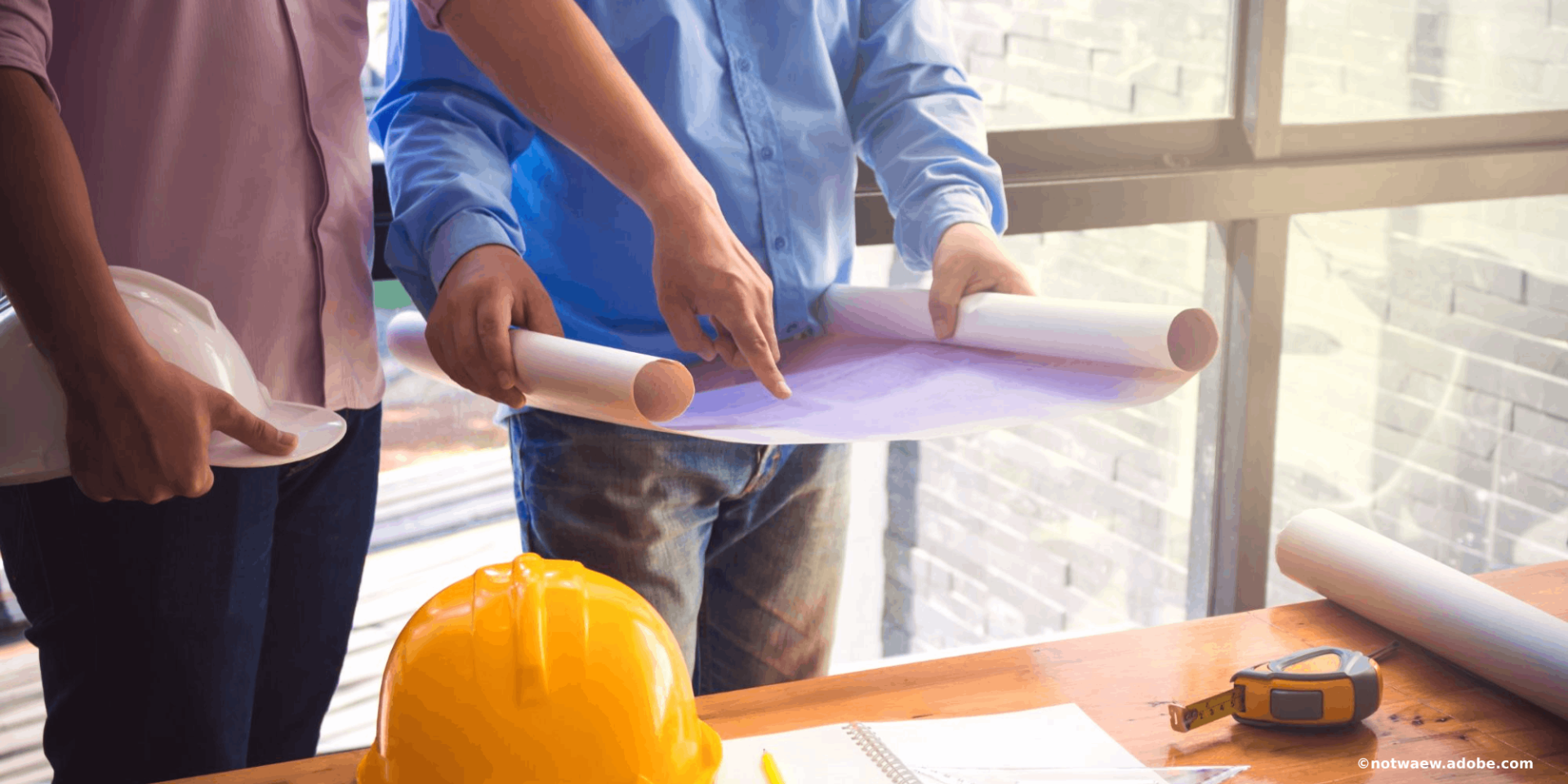 Vermessung Garten – Personen schauen sich einen Bauplan an