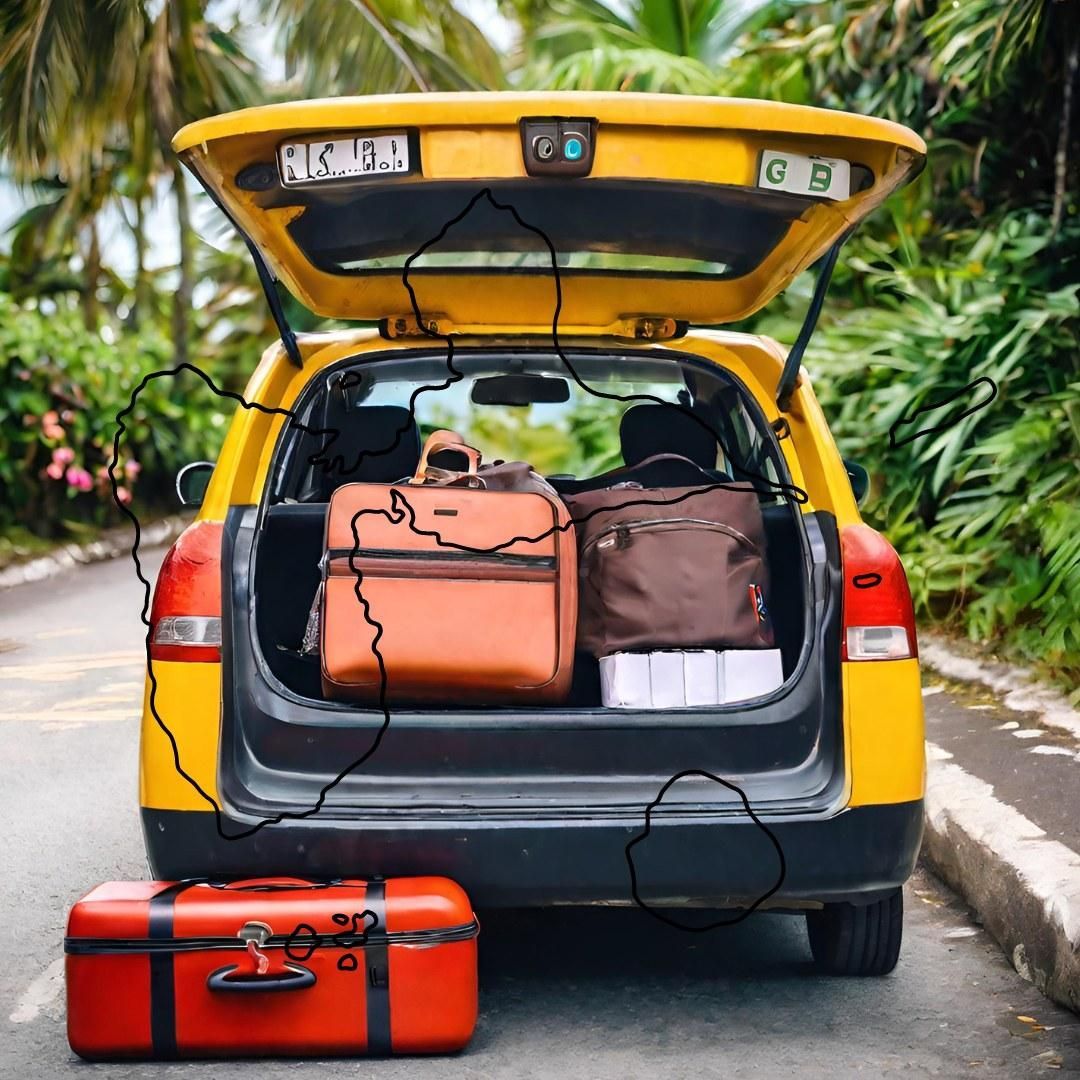 Une voiture jaune, le coffre ouvert et rempli de valises, garée sur une route bordée d'une végétation luxuriante.