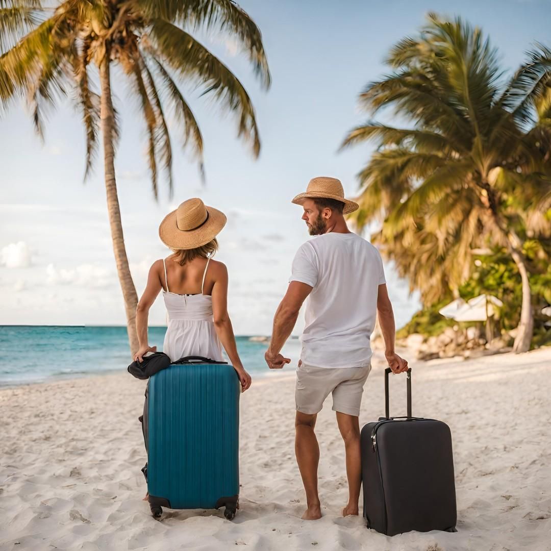 Un couple portant des chapeaux de soleil et des vêtements d'été légers se tient sur une plage tropicale avec des valises, regardant vers l'océan.