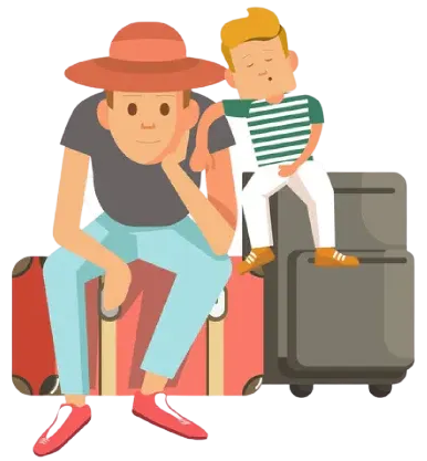 Un père et son fils qui attendent assis sur des valises.