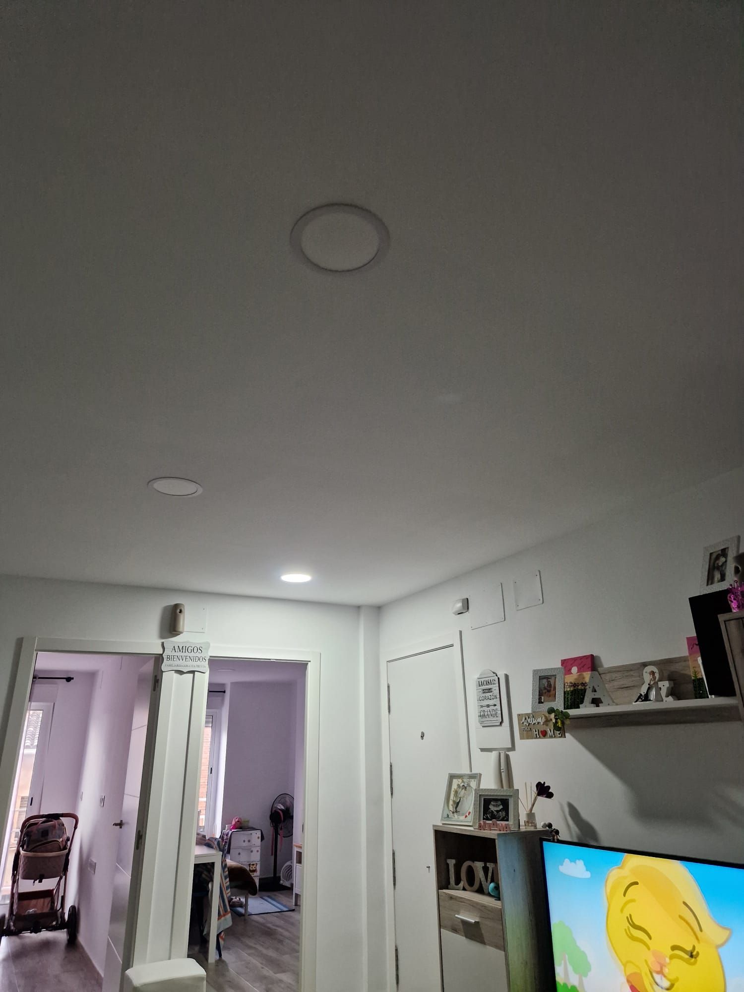 Una sala de estar con un pato amarillo en la televisión.