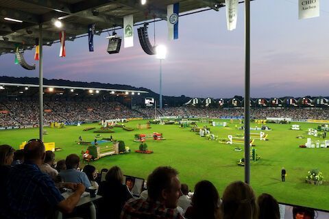 A large crowd watches an equestrian competition in an open-air stadium at dusk.