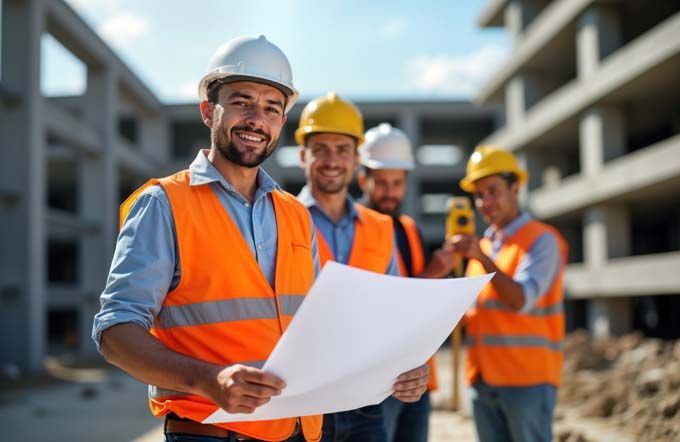 Des ouvriers du bâtiment, portant des gilets de sécurité et des casques de chantier, tiennent des plans sur un chantier.