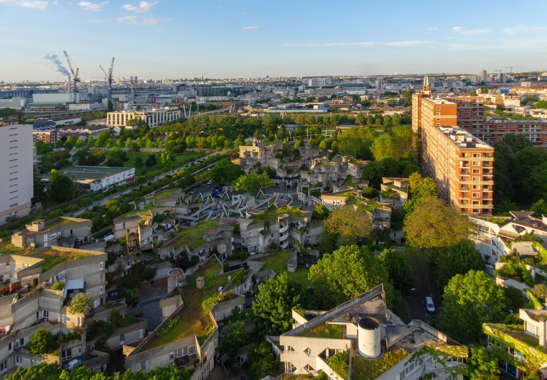 Vue aérienne de bâtiments envahis par la végétation et en ruine dans une ville, avec des grues de chantier en arrière-plan.