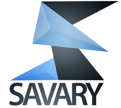 Logo pour Savary: lettre S stylisée avec des formes géométriques bleues et noires au-dessus du nom de l’entreprise en gris.