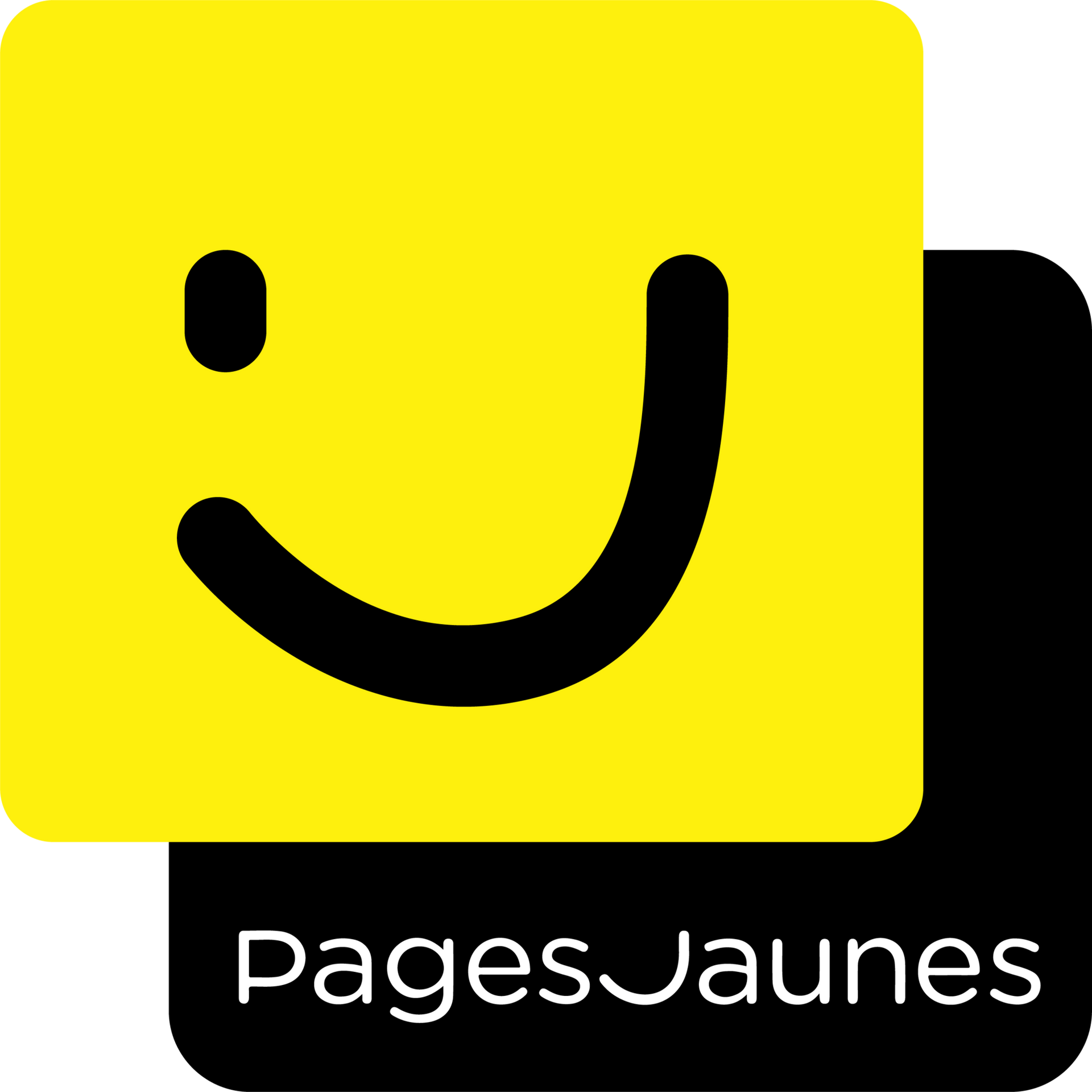 Logo Pages Jaunes jaune et noir : visage souriant jaune sur fond noir.