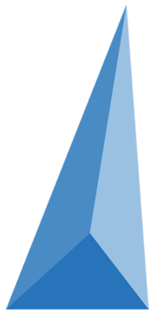 Une forme triangulaire stylisée bleue en 3D, aux nuances claires et foncées, sur fond blanc.