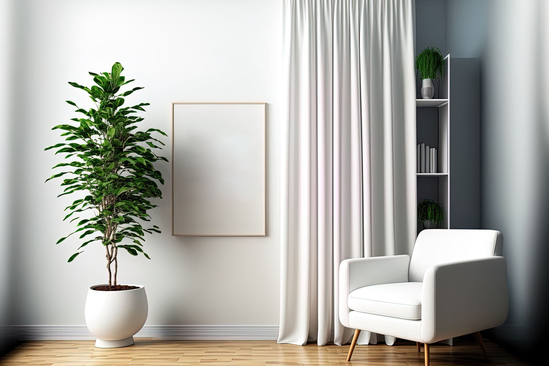 Petite chambre moderne blanche avec un fauteuil et une plante