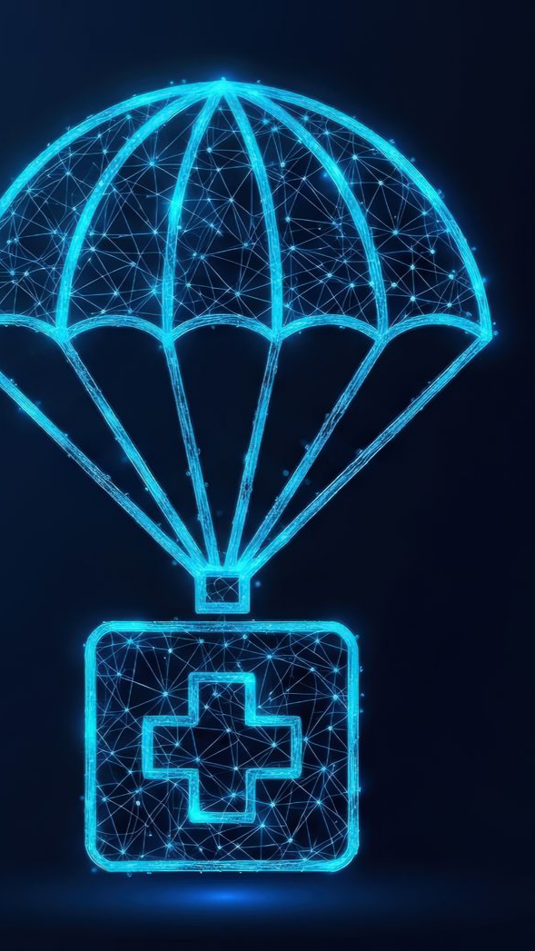 Représentation en néon bleu d'un parachute transportant une trousse de premiers secours avec une croix.