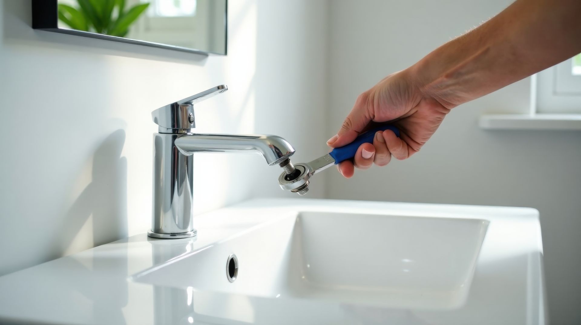 Ein Klempner arbeitet an Kupferrohren und benutzt eine Zange in der Nähe roter Ventile in einem Hauswirtschaftsraum.