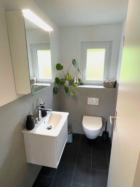 Ein kleines, modernes Badezimmer mit weissem Waschbecken, Toilette und einem Fenster mit einer grünen Pflanze.